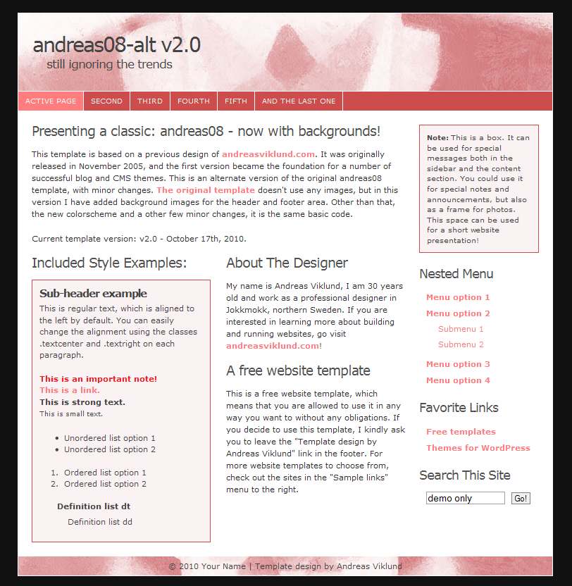 andreas08 alternate version with a new colorscheme and background images added in the header and footer areas.