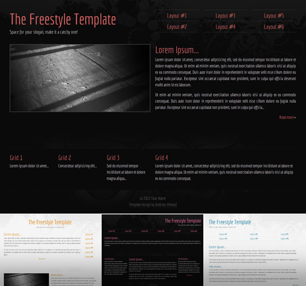 Screenshots of the included sample layouts in the Freestyle CSS template