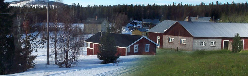 Photo collage showing the village of Nautijaur, northern Sweden, in the summer and in the winter.