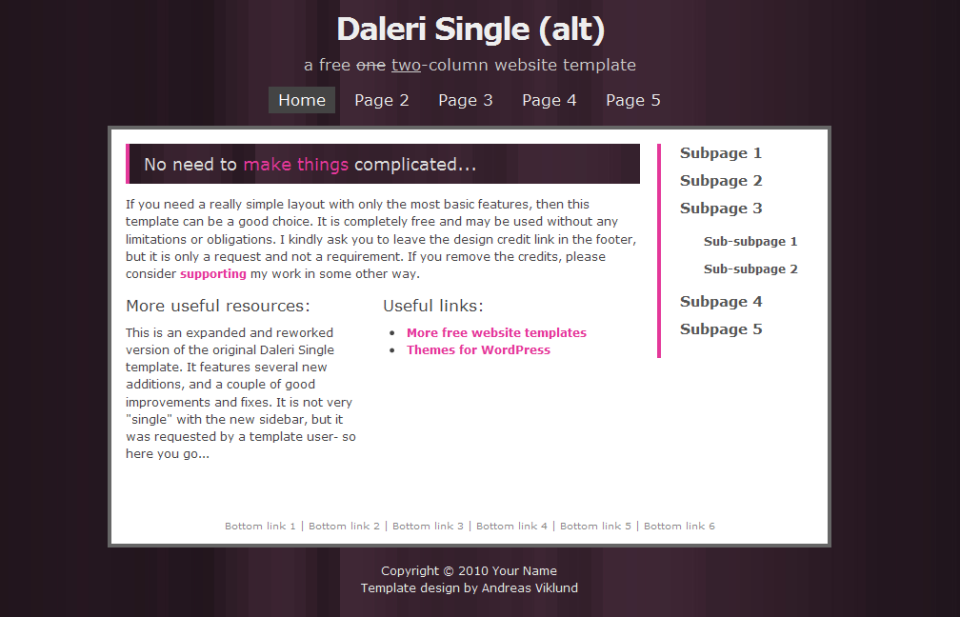 Daleri Single, alternate version with split content columns and sidebar.