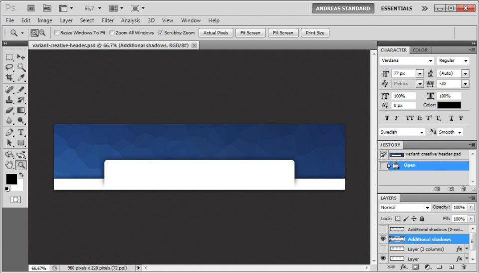 Screenshot of the file variant-creative-header.psd in Adobe Photoshop CS5.