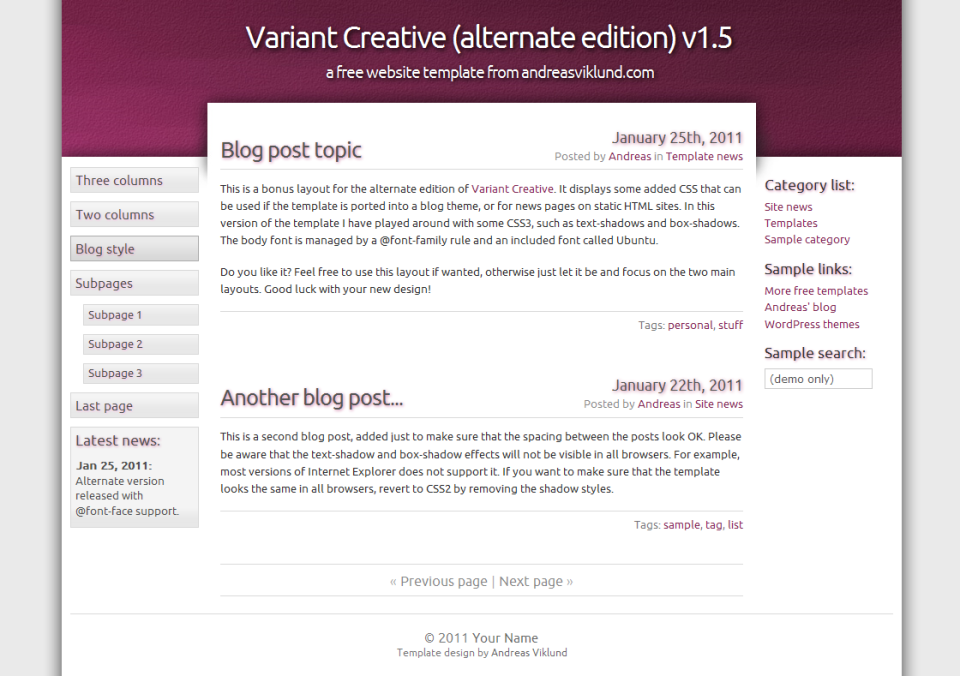 Variant Creative (alternate edition) with new blog layout, new colors and an embedded font, available as a separate download.