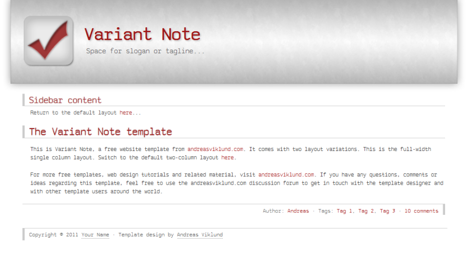 Variant Note, secondary layout with a single full width column.