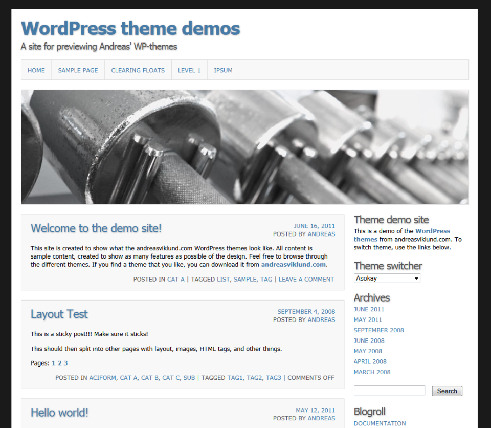 The home page of the WordPress theme demo website, showing the default style of the Asokay theme.