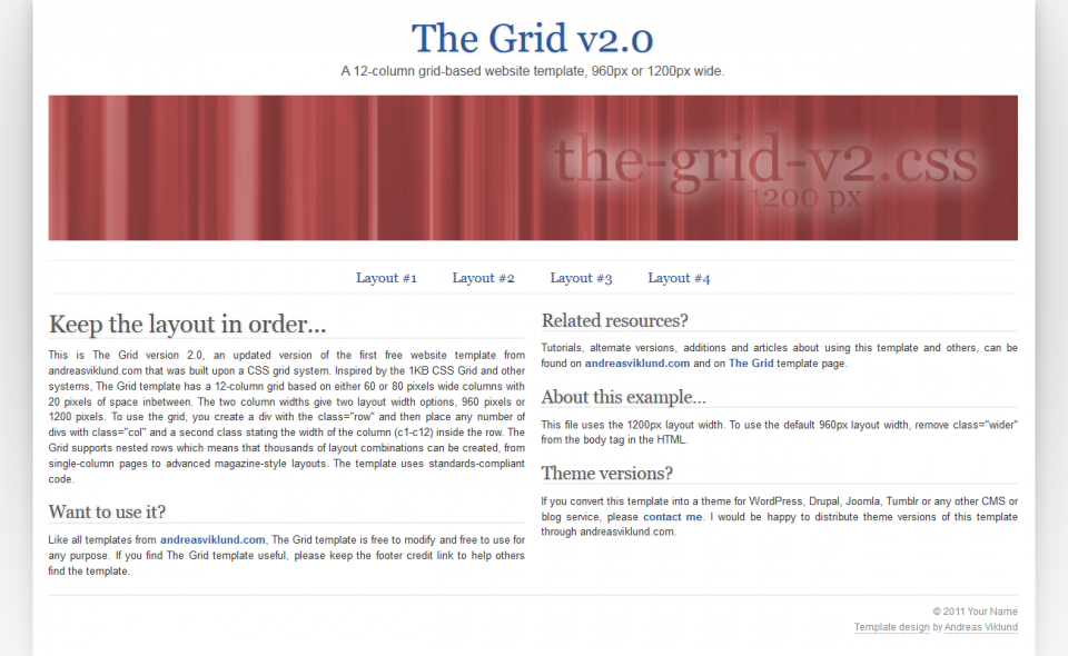 1200px grid, page title and slogan centered using a text alignment class, horizontal navigation link menu and two evenly sized content columns using class=”alignjustify” (index4.html)