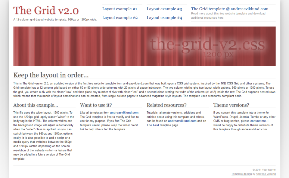 1200px grid, header navigation menu, no sidebar, 1 + 4 columns (index.html)