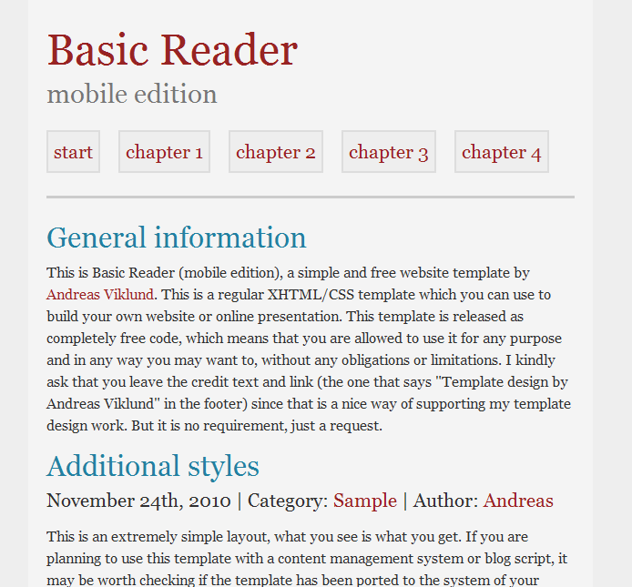 Basic Reader (mobile edition), using the visual styles from the original Basic Reader template but with a new single-column layout that is more suitable for viewing on mobile devices.